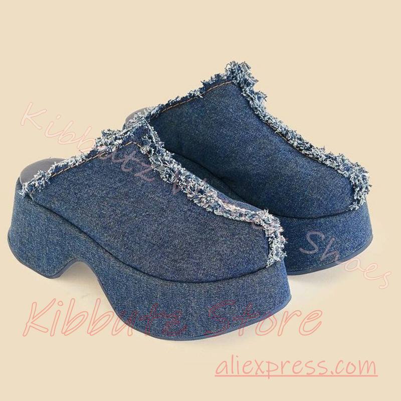 데님 플랫폼 슬리퍼, 여성용, 술 장식, 앞이 트인 디 - Street Fashion Y2K 리뷰 및 가격