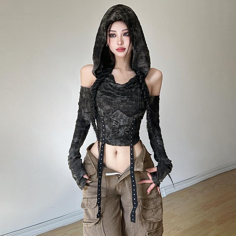 오프숄더 후디, 긴팔 티셔츠, 여성용, 블랙, 캐주얼, - Street Fashion Y2K 리뷰 및 가격