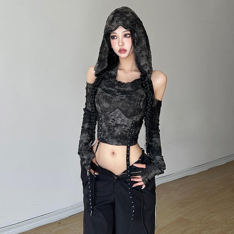 오프숄더 후디, 긴팔 티셔츠, 여성용, 블랙, 캐주얼, - Street Fashion Y2K 리뷰 및 가격