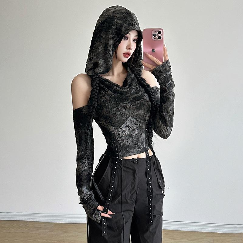 오프숄더 후디, 긴팔 티셔츠, 여성용, 블랙, 캐주얼, - Street Fashion Y2K 리뷰 및 가격